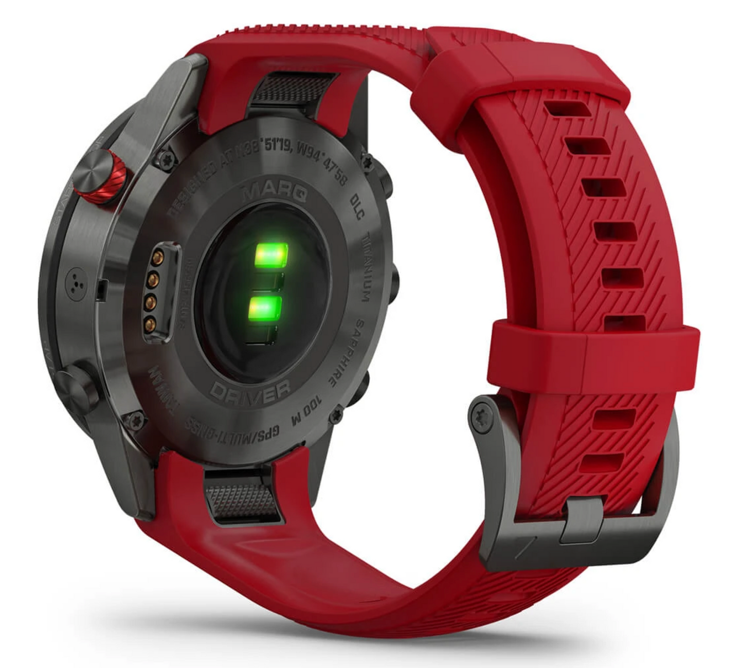 Garmin Marq Driver Performance Edition smartwatch with red silicone strap