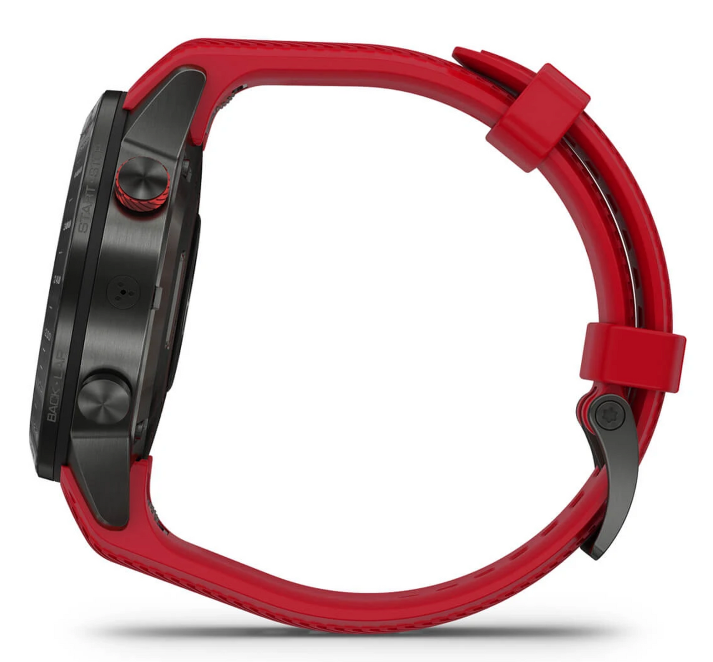 Garmin Marq Driver Performance Edition smart watch with red silicone strap and black case