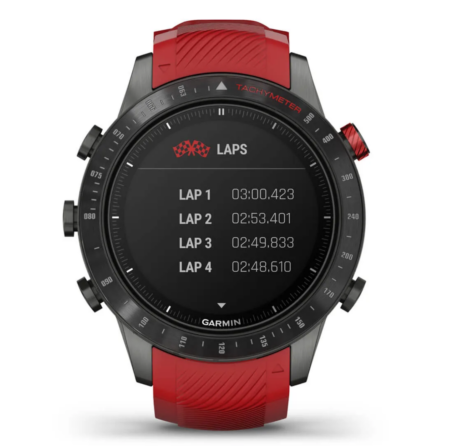 Garmin Marq Driver Performance Edition smart watch with red strap