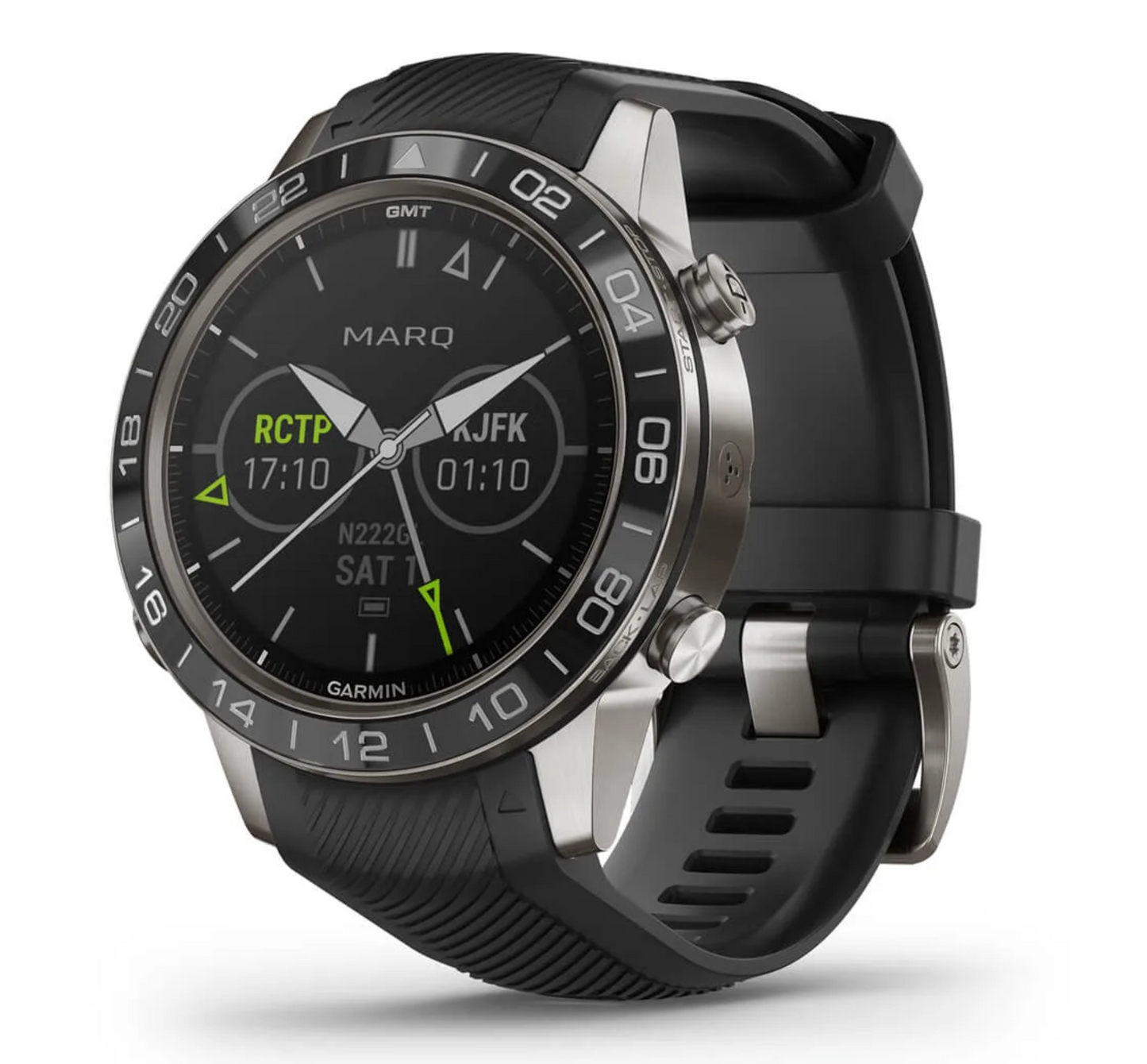 Garmin Marq Aviator Performance Edition smartwatch with black stainless steel case and black strap