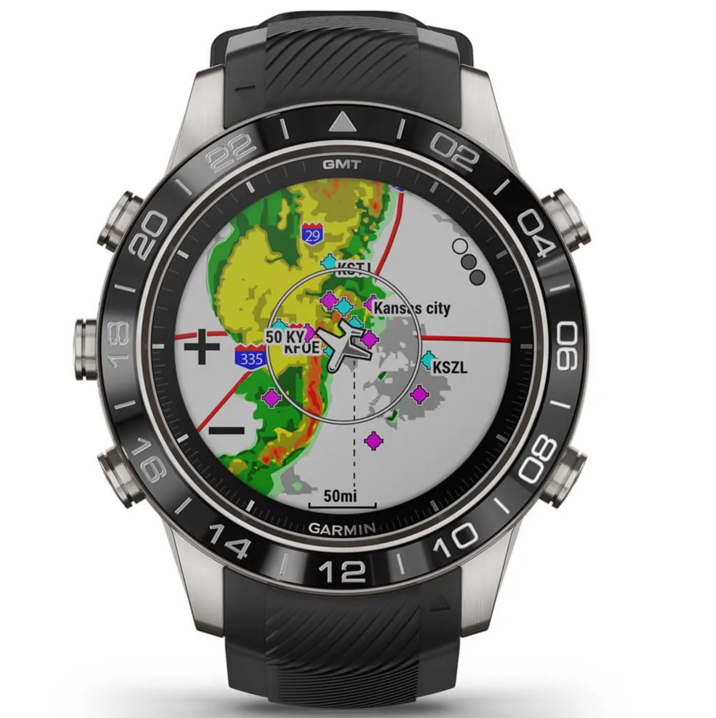 Garmin Marq Aviator Performance Edition watch with black bezel and map display