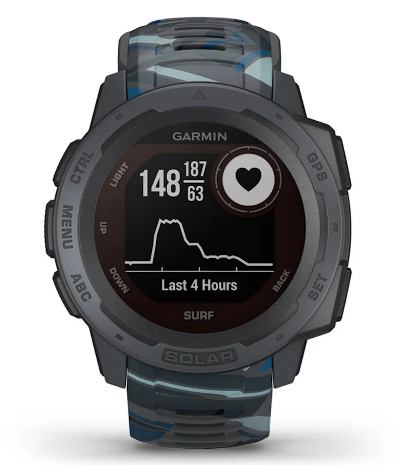Garmin Instinct Solar Surf rugged GPS smartwatch, certified refurbished, blue-gray camo strap.