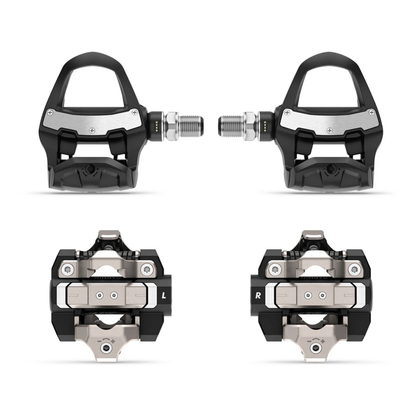 Garmin Rally RK/XC210 dual-sensing power meter pedals pair, black with silver contact plates.