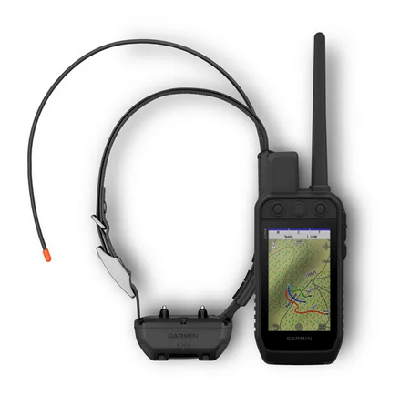 Garmin Alpha 300 handheld and TT 25 dog collar, black two-piece set with map display.