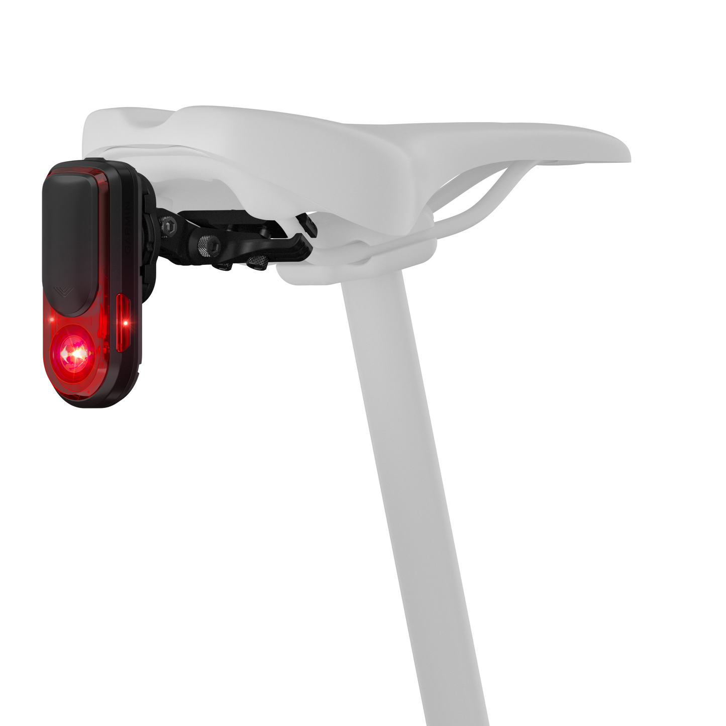 Garmin Varia RearVue 820 radar tail light, black housing with red LED, mounted under bike saddle.