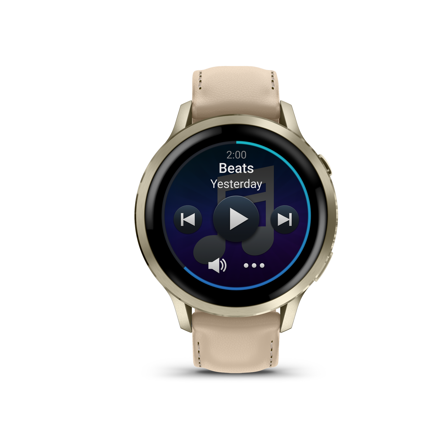 Garmin Venu 4 smartwatch, 41mm lunar gold case with bone silicone band and light sand leather band
