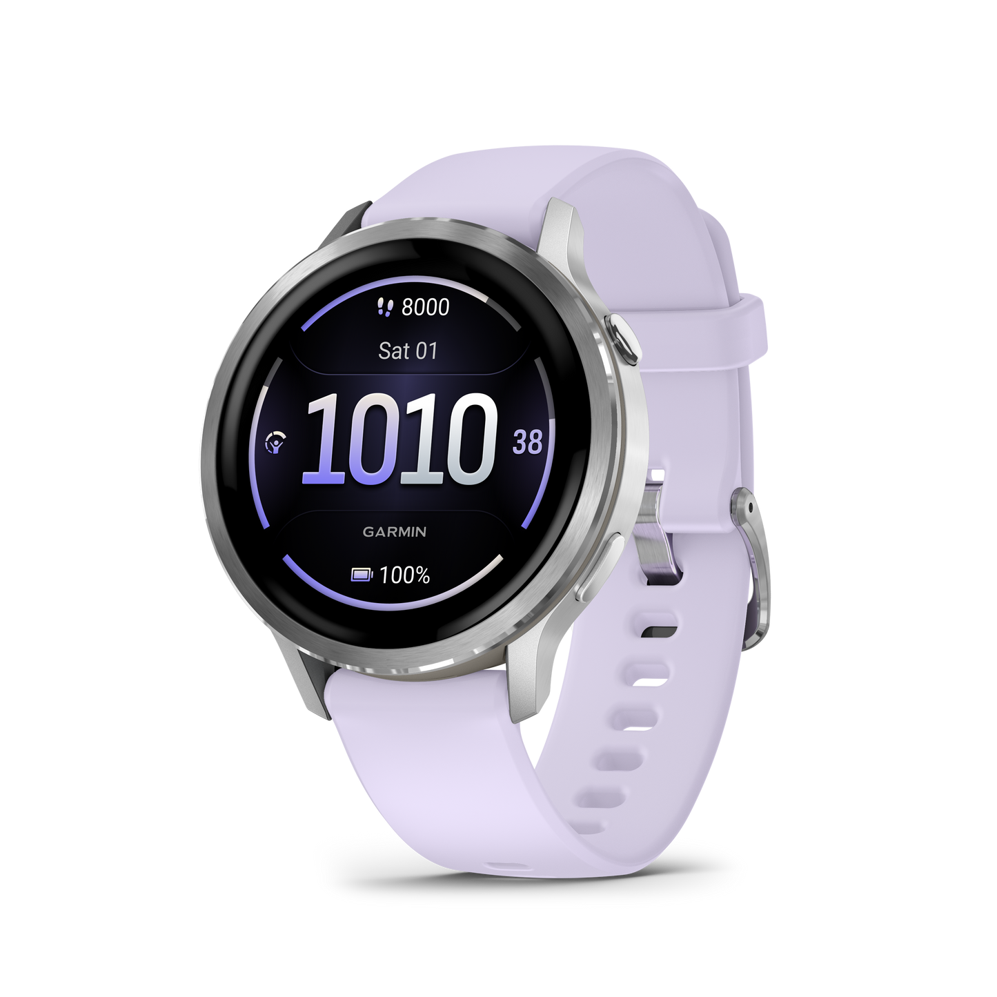 Garmin Venu 4 smartwatch, 41mm, silver bezel case with periwinkle silicone band, round display 010-03013-01