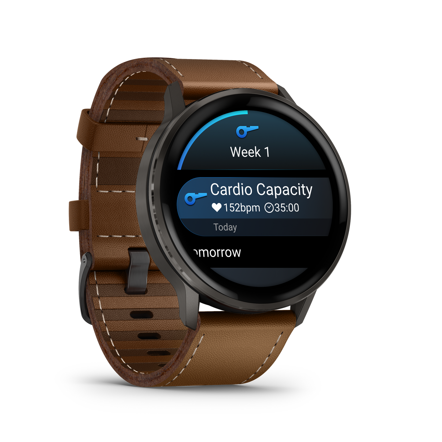 Garmin Venu 4 smartwatch, 45mm slate bezel with brown leather strap