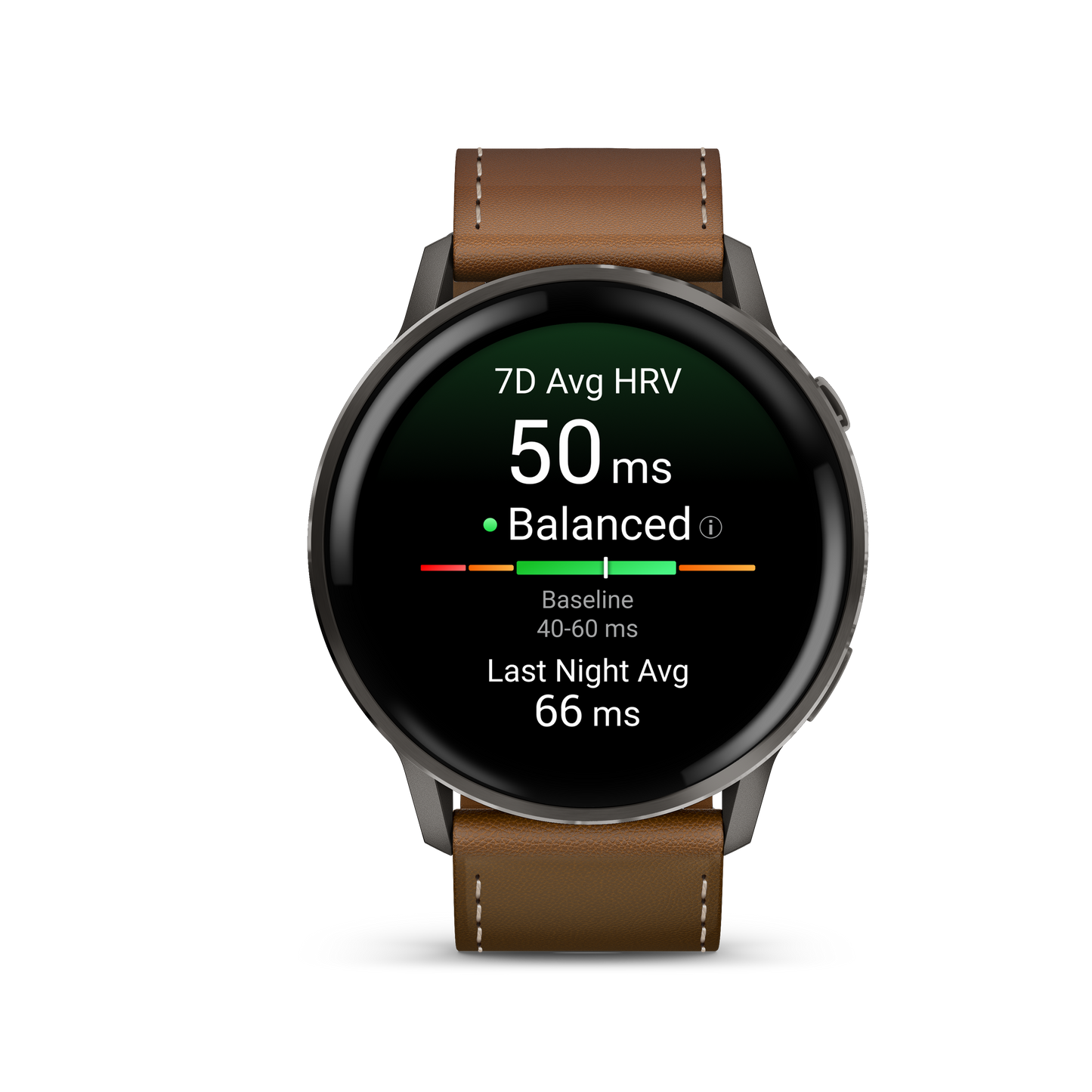Garmin Venu 4 smartwatch, 45mm slate case with brown leather strap