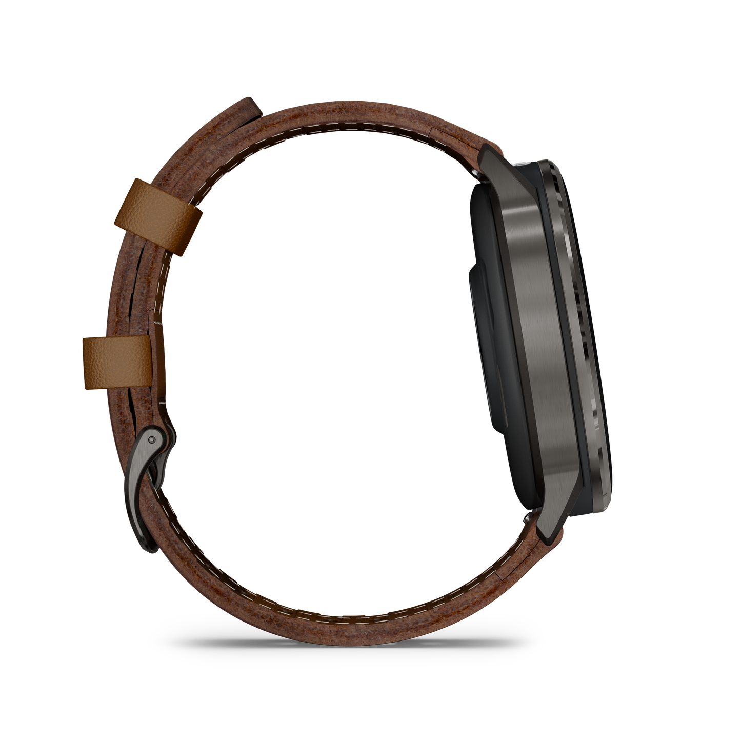 Garmin Venu 4 smartwatch with brown leather strap and slate 45mm case
