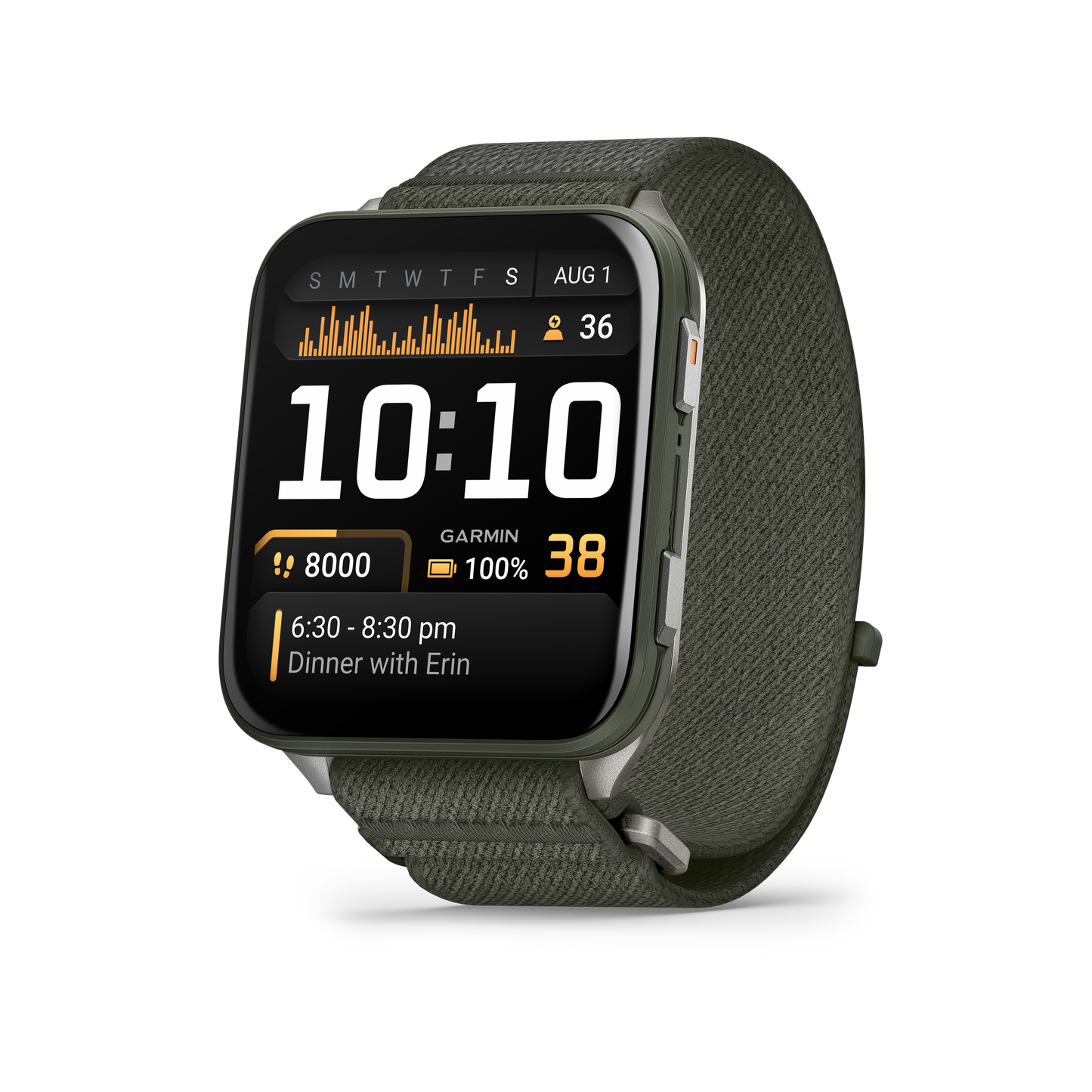 Garmin Venu X1 Moss smart watch with titanium case and Moss ComfortFit band.