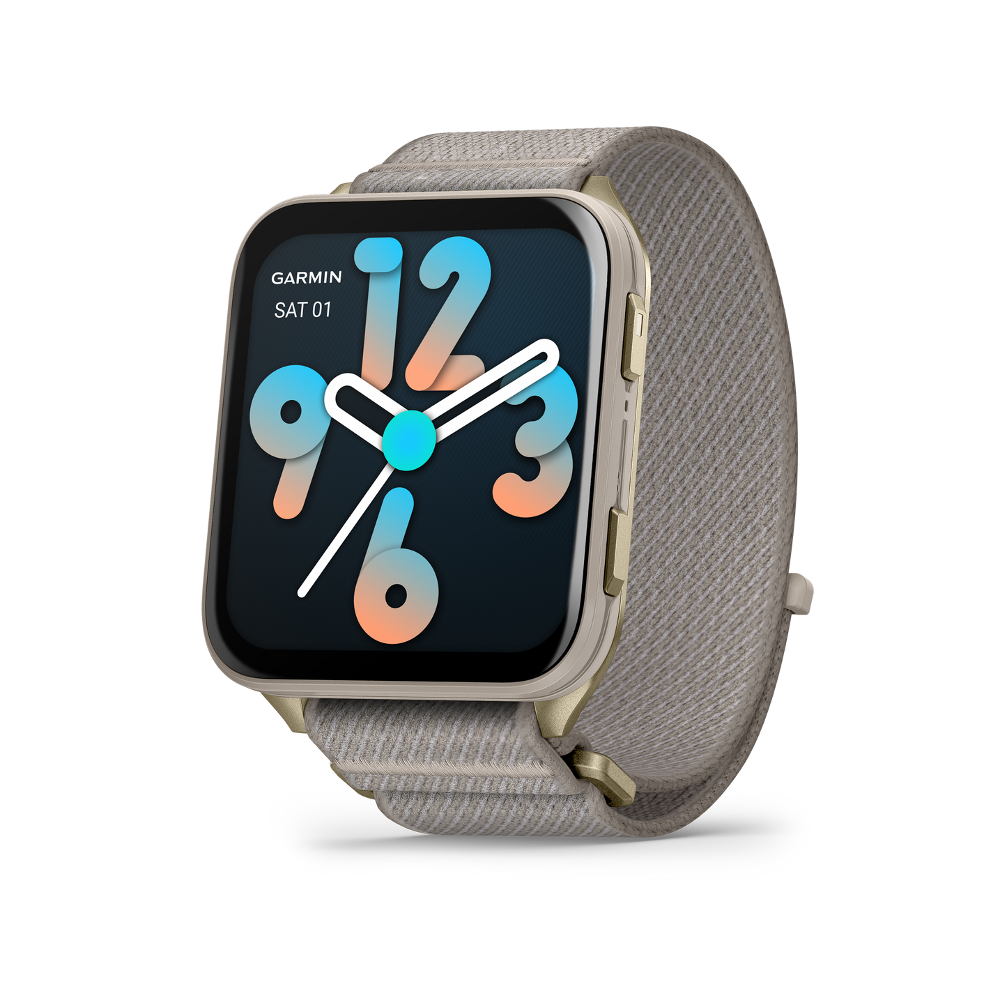Garmin Venu X1 smart watch with soft gold case, titanium caseback, and French gray nylon band