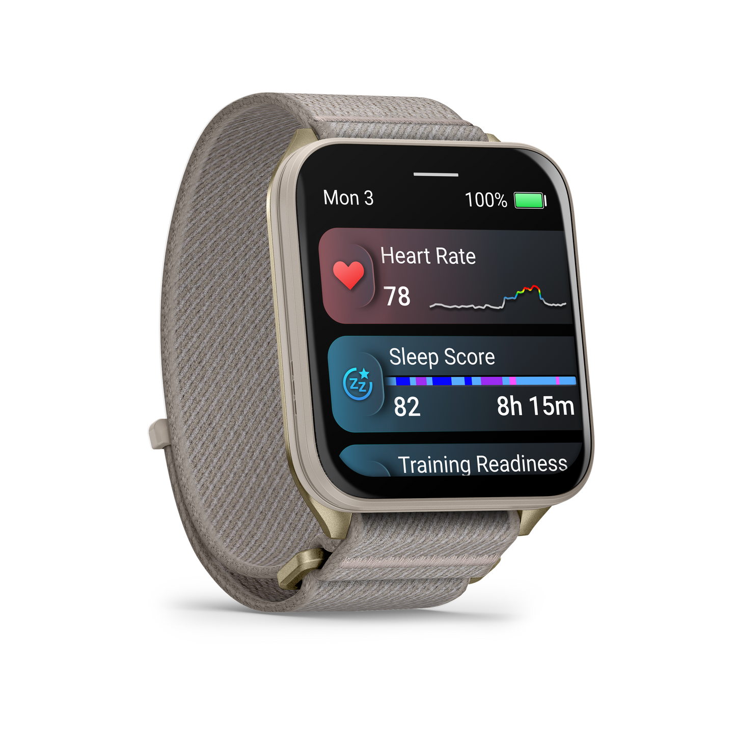 Garmin Venu X1 Smartwatch with soft-gold finish, titanium caseback and French gray nylon band