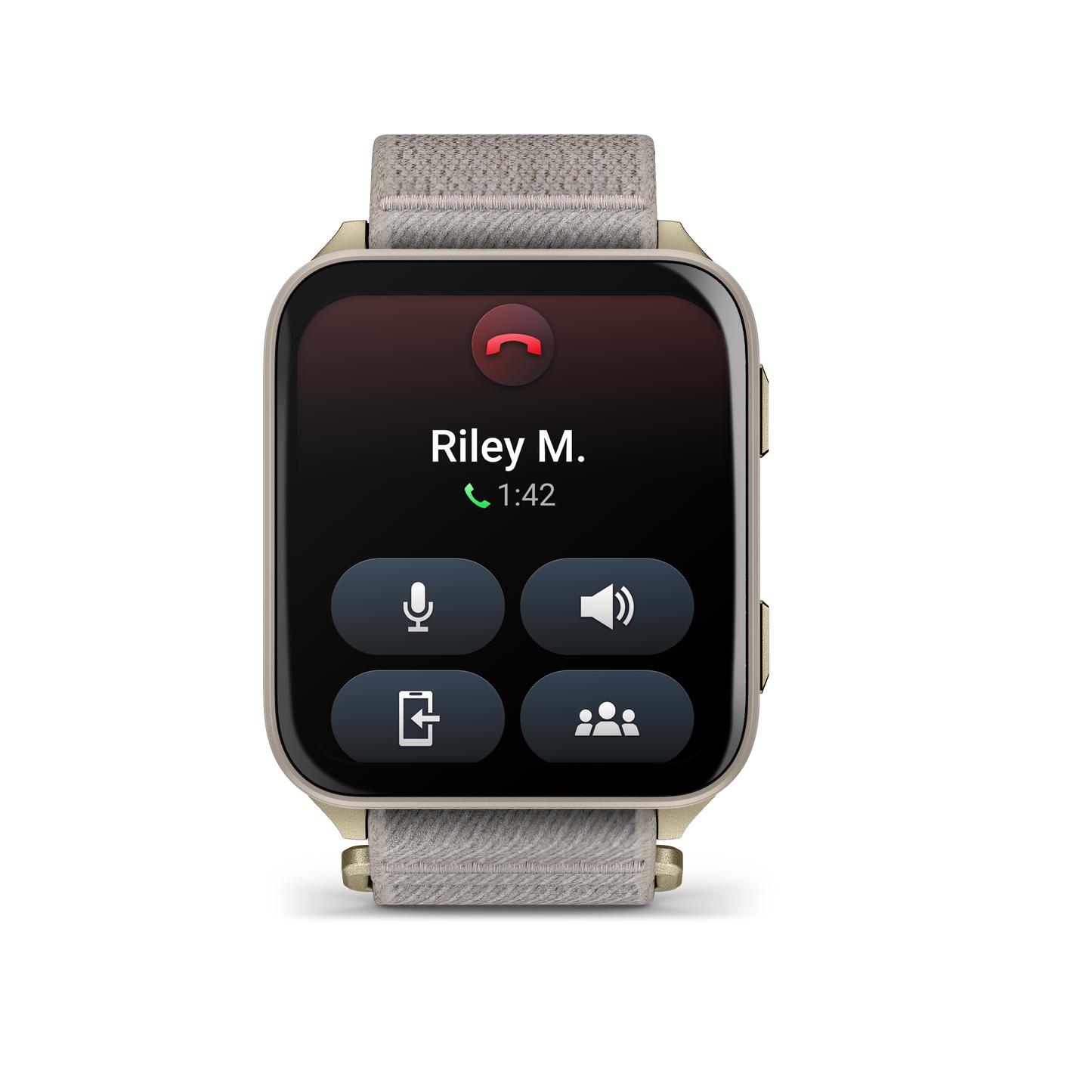 Garmin Venu X1 smart watch with soft gold finish, titanium case back, and French gray nylon band.
