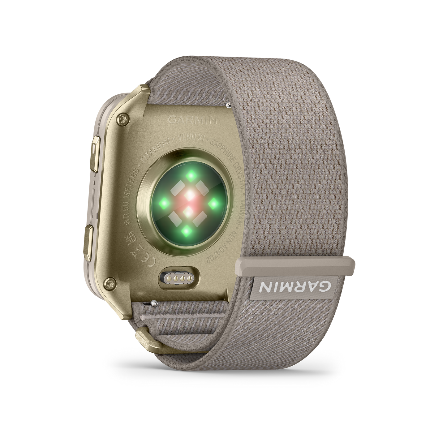 Garmin Venu X1 smartwatch in soft gold with titanium caseback and French gray nylon band