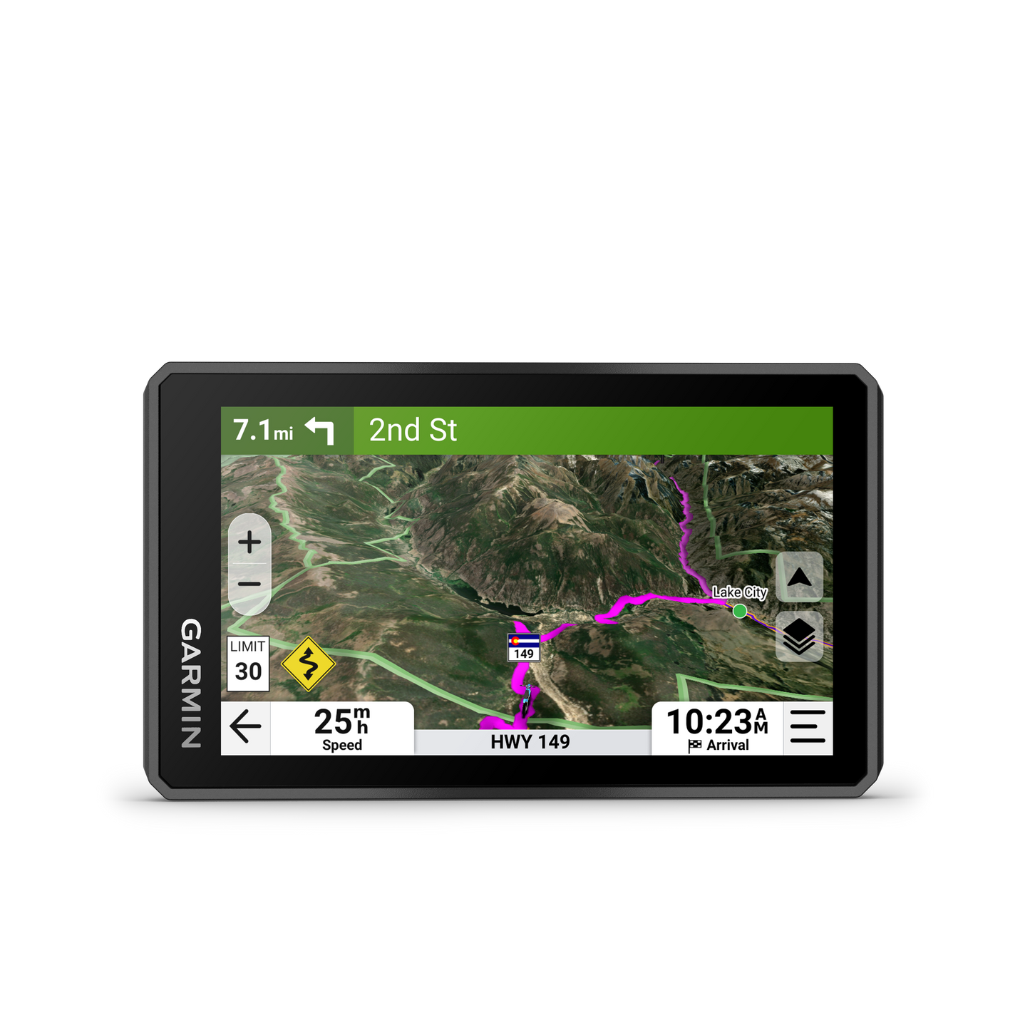 Garmin Zumo XT3 motorcycle GPS navigator with 4.7-inch screen in a black frame, displaying a route map