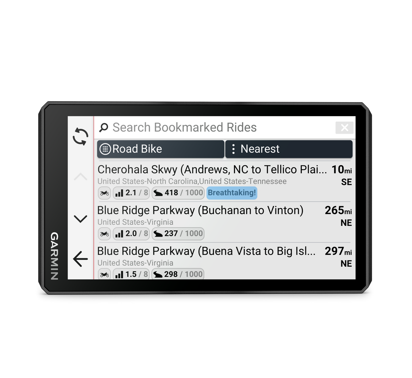 Garmin Zumo XT3 motorcycle GPS with 6-inch display; rugged navigation showing 3 bookmarked rides