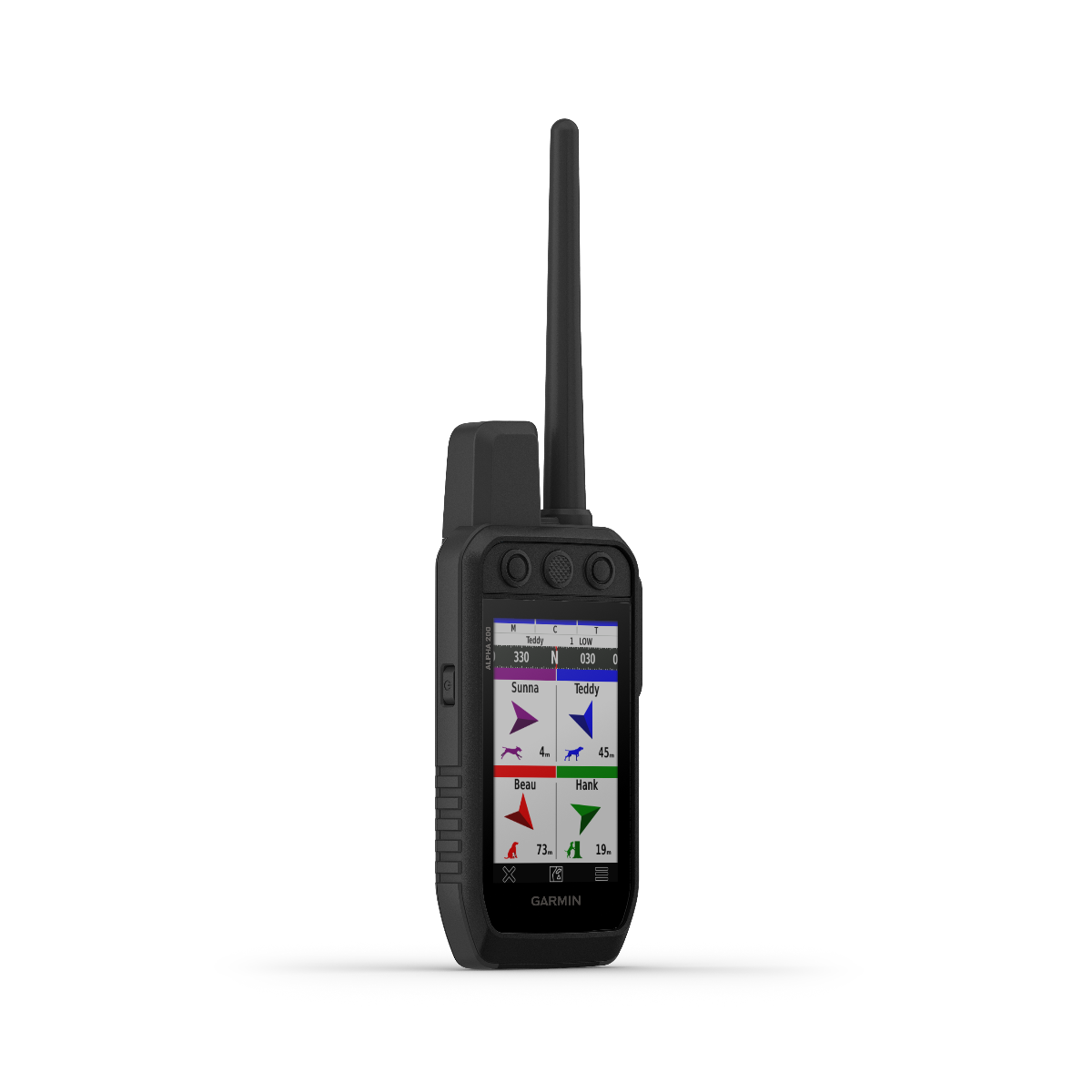 Garmin Alpha 200 handheld GPS dog-tracking device, black with antenna and colored display