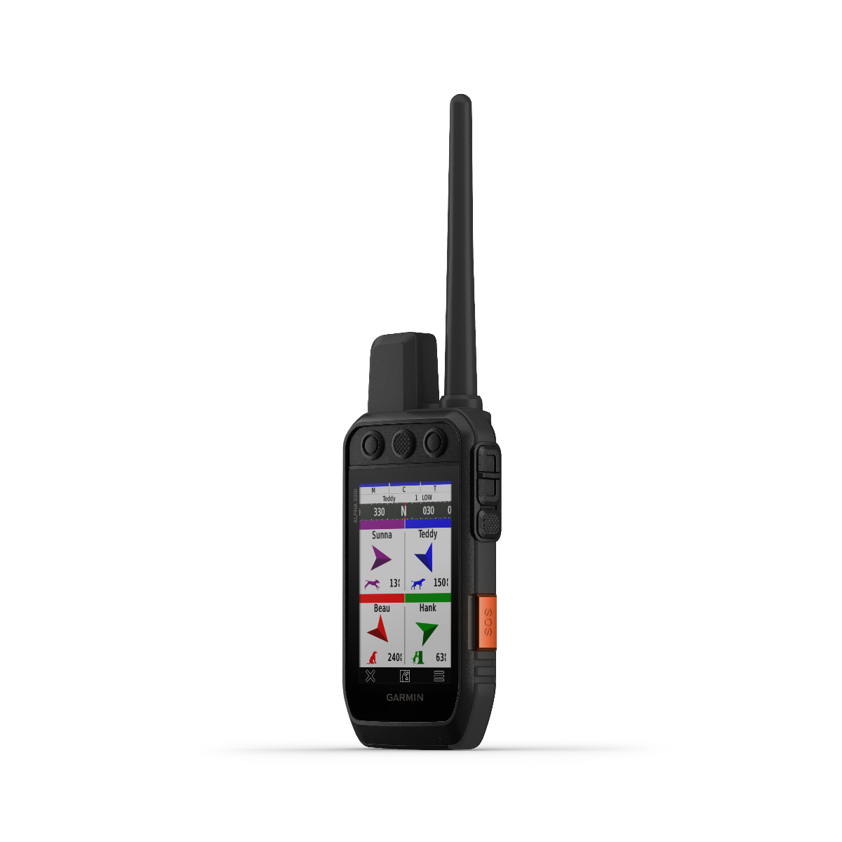 Garmin Alpha 200i handheld dog-tracking device; black with long antenna and orange SOS button