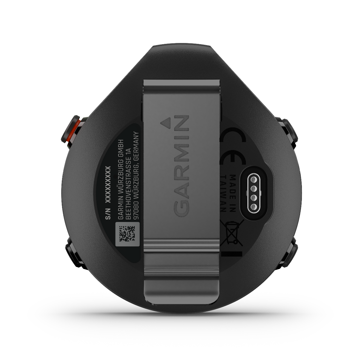Garmin Approach G12 GPS golf range finder back view with metal band and charging contacts