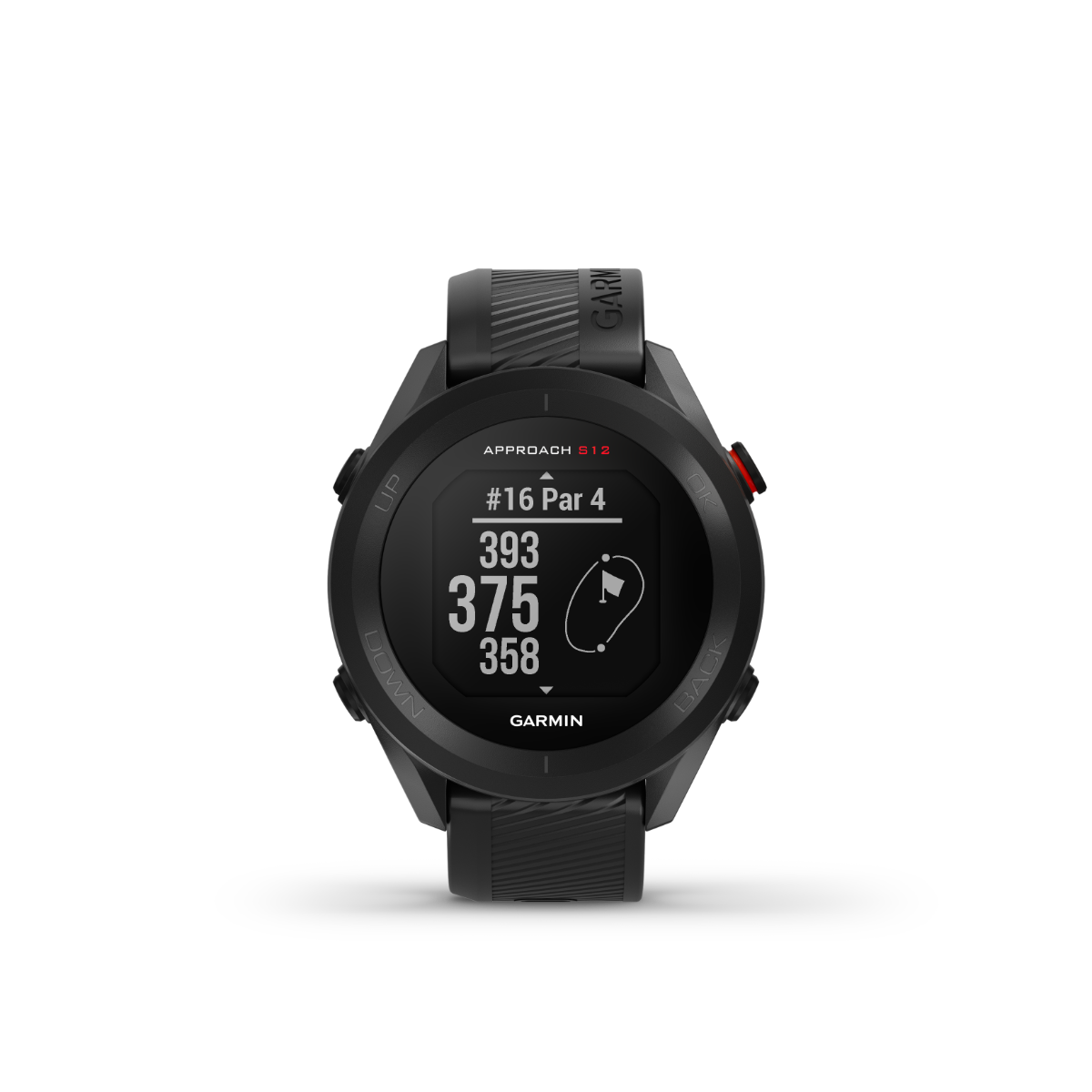 Garmin Approach S12 golf GPS smartwatch, black with round display and rangefinder