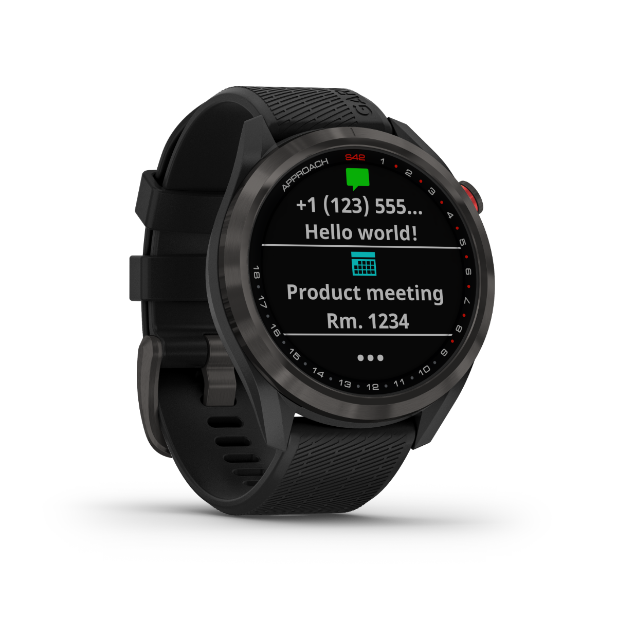Garmin Approach S42 golf GPS smartwatch with gunmetal case and black band.