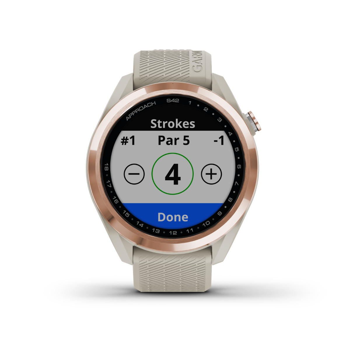 Garmin Approach S42 rose-gold golf smartwatch with beige strap, certified refurbished