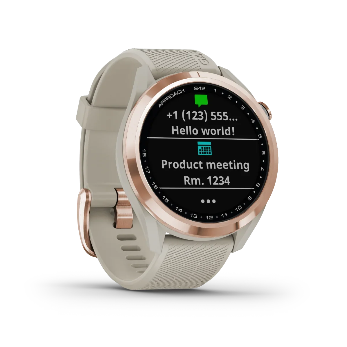 Garmin Approach S42 rose gold smartwatch with light sand band, golf GPS & rangefinder.