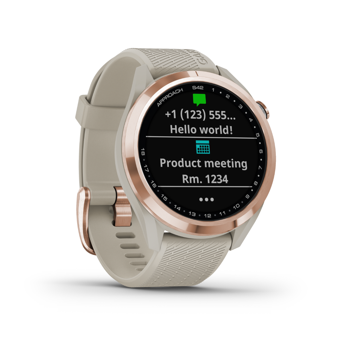 Garmin Approach S42 rose-gold golf GPS smartwatch with beige strap, certified refurbished