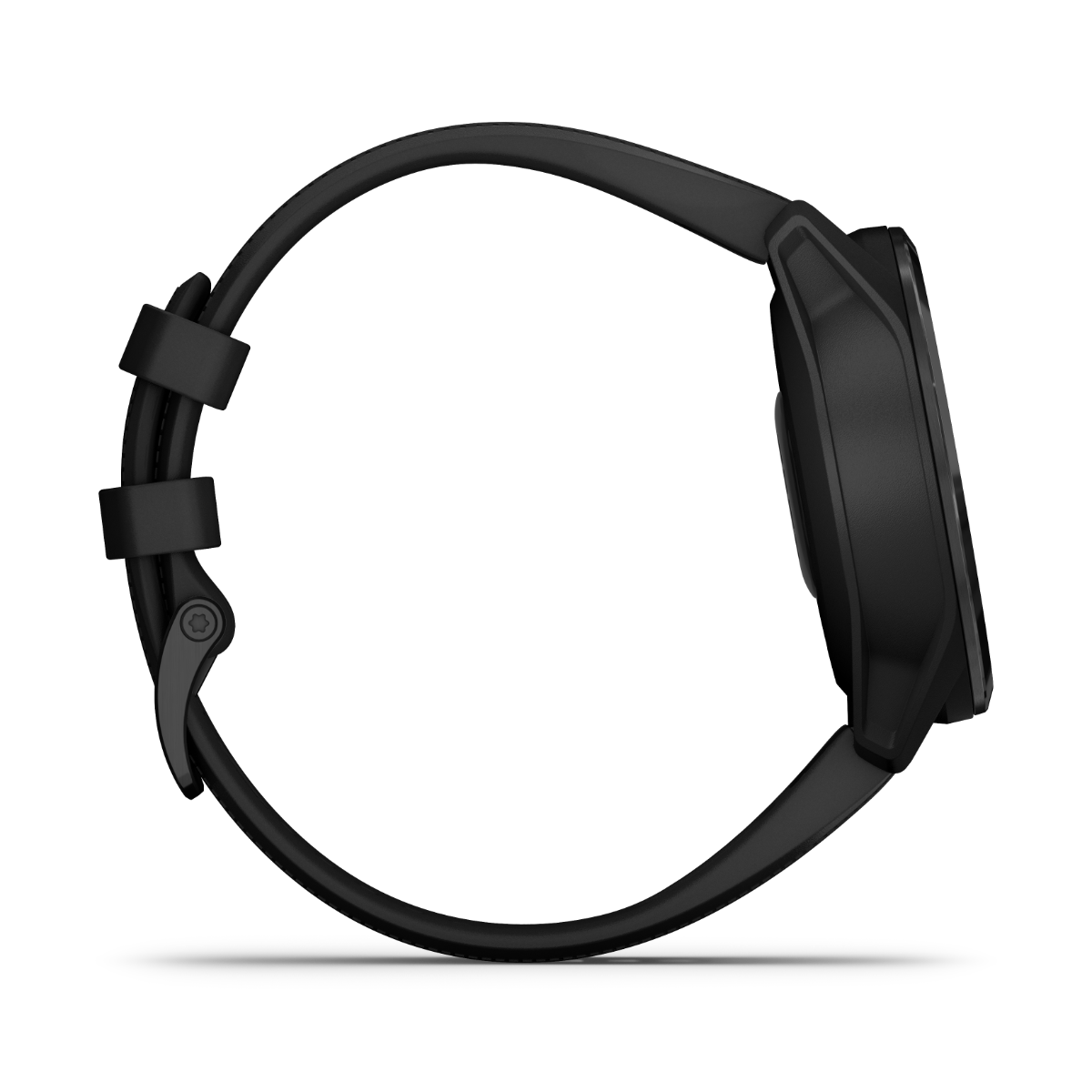 Garmin Approach S62 golf GPS smartwatch in black with black band, side view