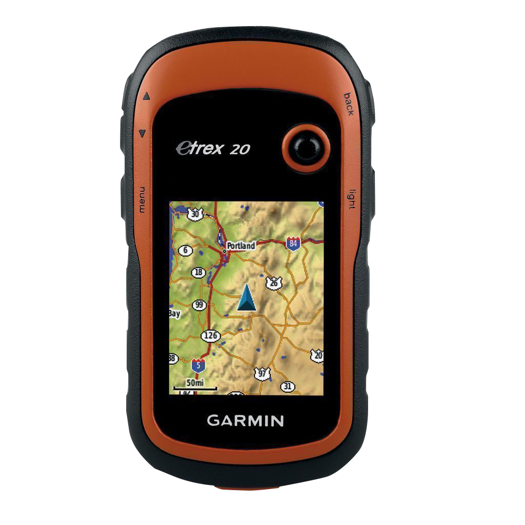 Garmin eTrex 20 handheld GPS with orange rugged case and map display