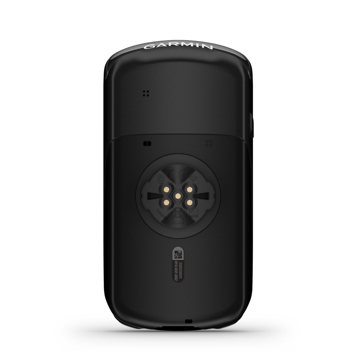 Garmin Edge 1030 Plus bike computer back view, black with circular mounting cradle and contact pins.