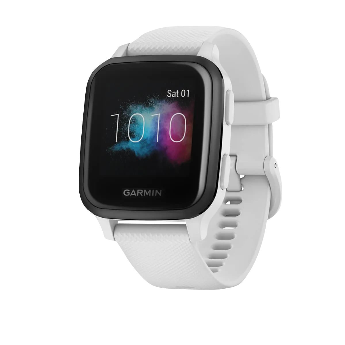 Garmin Venu Sq Music GPS smartwatch, slate bezel with white band, refurbished