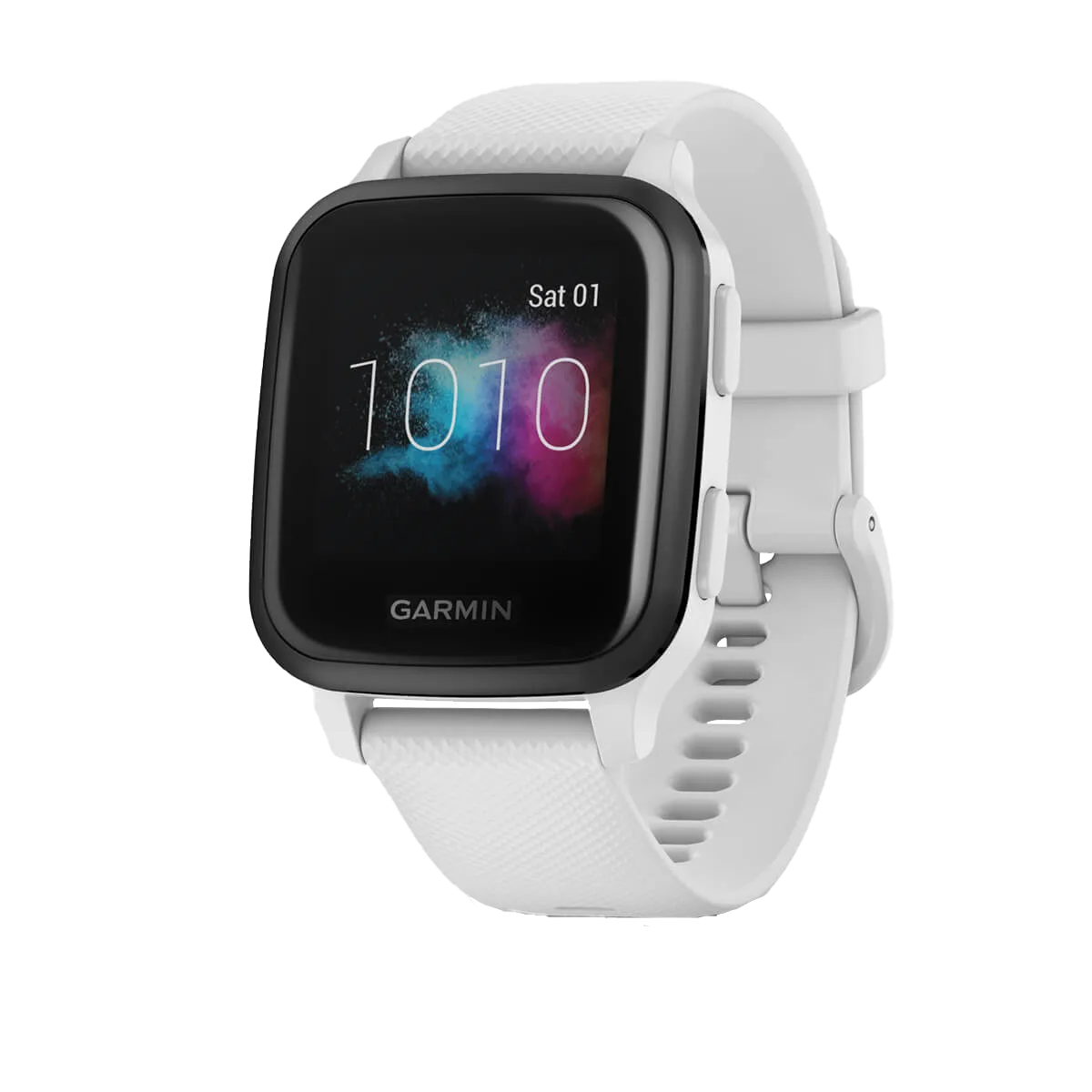 Garmin Venu Sq Music GPS smartwatch with slate aluminum bezel and white silicone band