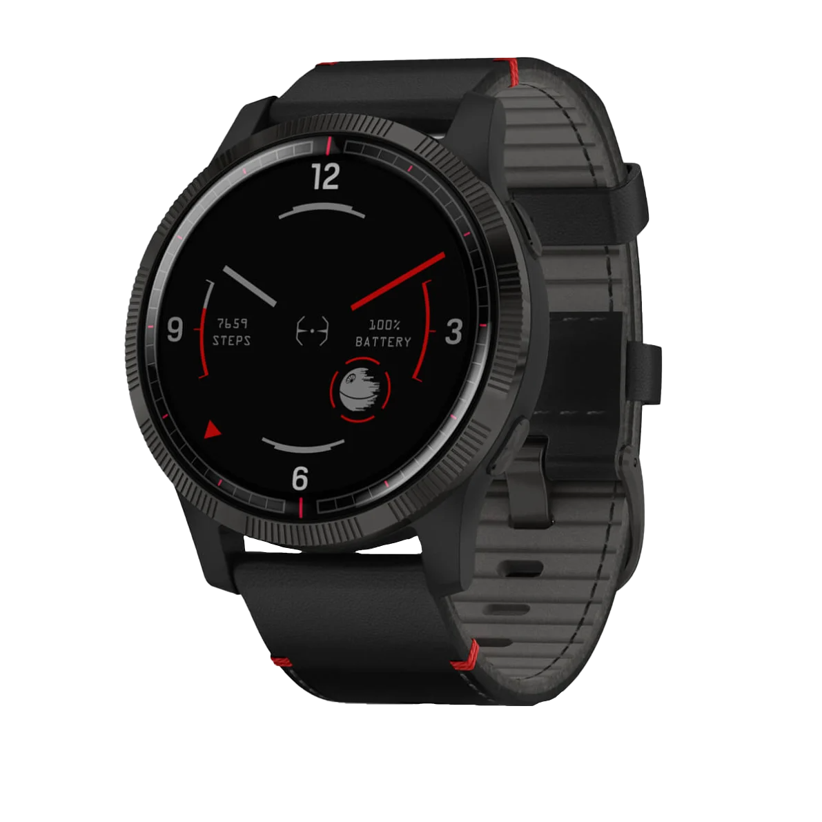 Garmin Legacy Saga Darth Vader GPS smartwatch, black strap with red accents, certified refurbished