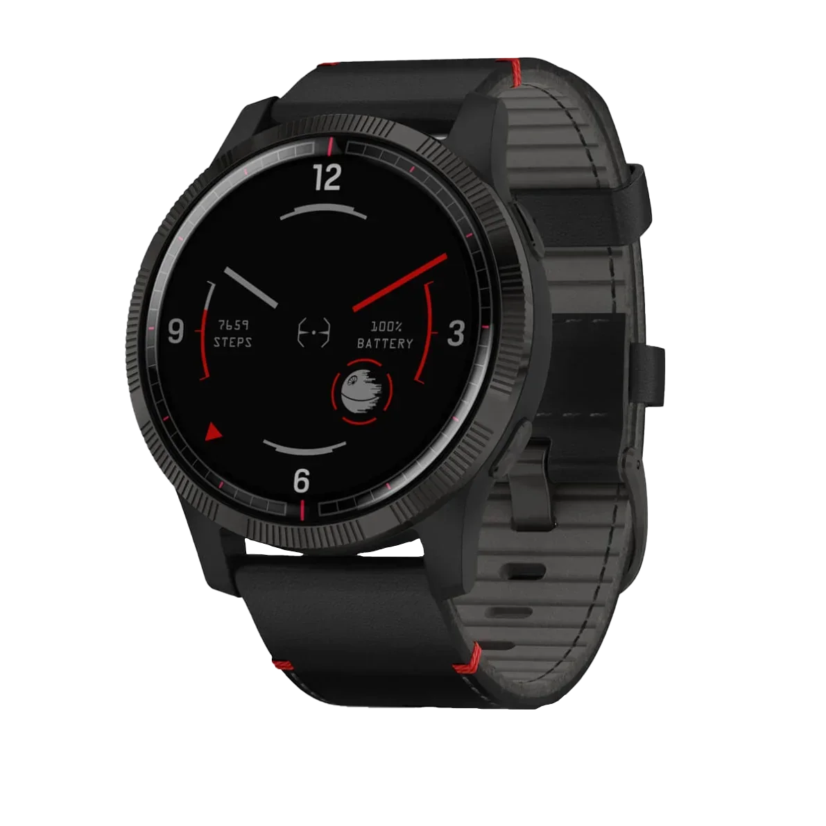 Garmin Legacy Saga Darth Vader GPS smartwatch, black strap with red accents, certified refurbished