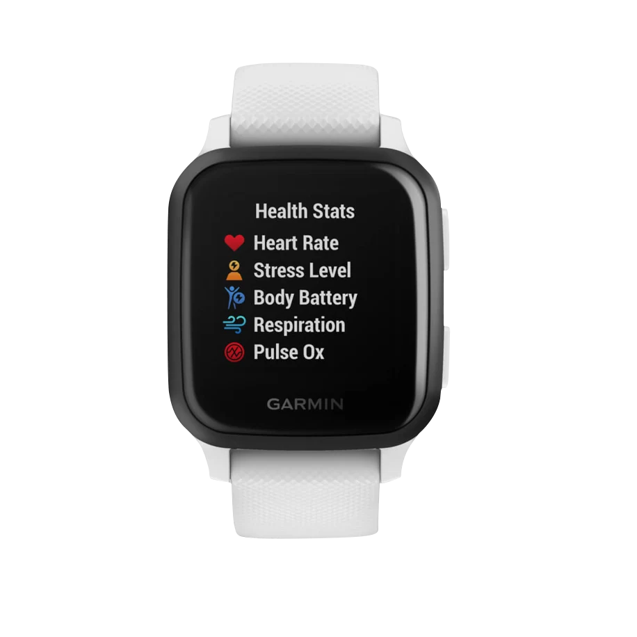 Garmin Venu Sq Music smartwatch with slate bezel and white band, Garmin Certified Refurbished.
