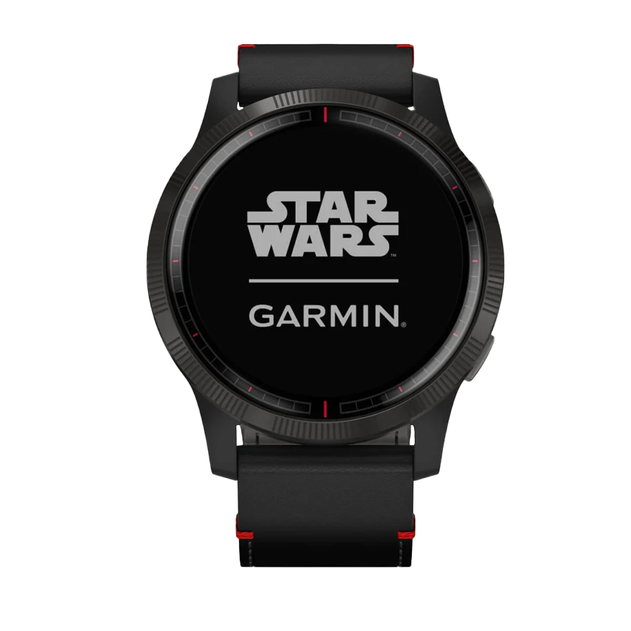 Garmin Star Wars Darth Vader GPS smartwatch, certified refurbished, black strap with red accents.
