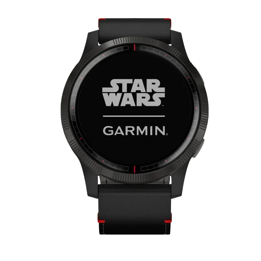 Garmin Star Wars Darth Vader GPS smartwatch, certified refurbished, black strap with red accents.