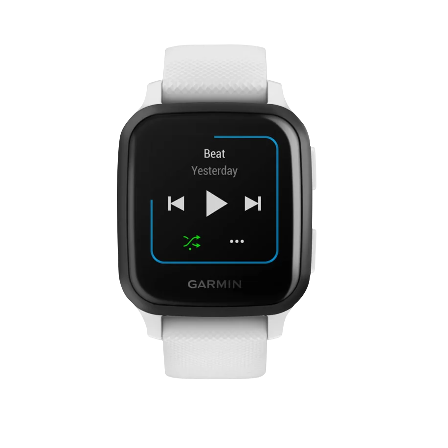 Garmin Venu Sq Music GPS smartwatch with slate bezel and white band, certified refurbished
