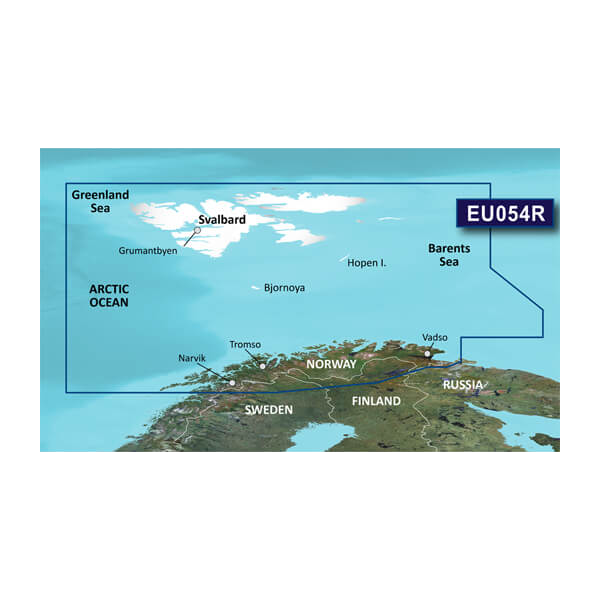 Garmin BlueChart g3 map card covering Norway Vestfjorden to Svalbard and Varanger on microSD/SD
