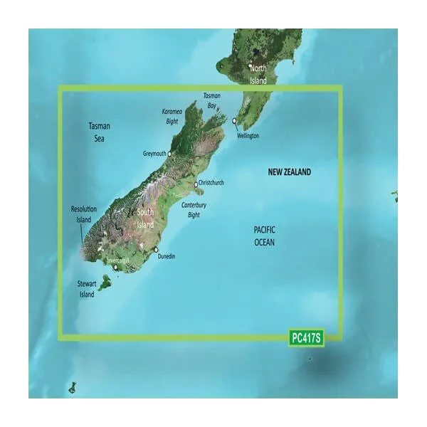 Garmin New Zealand South Coastal Charts BlueChart g3 map card with lime-green border, HXPC417S microSD/SD