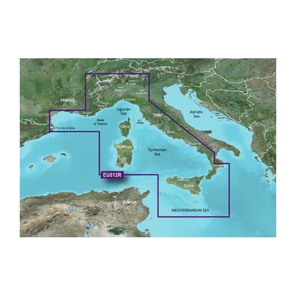 Garmin BlueChart g3 Vision VEU012R map card for Mediterranean Sea region highlighted in purple, microSD/SD