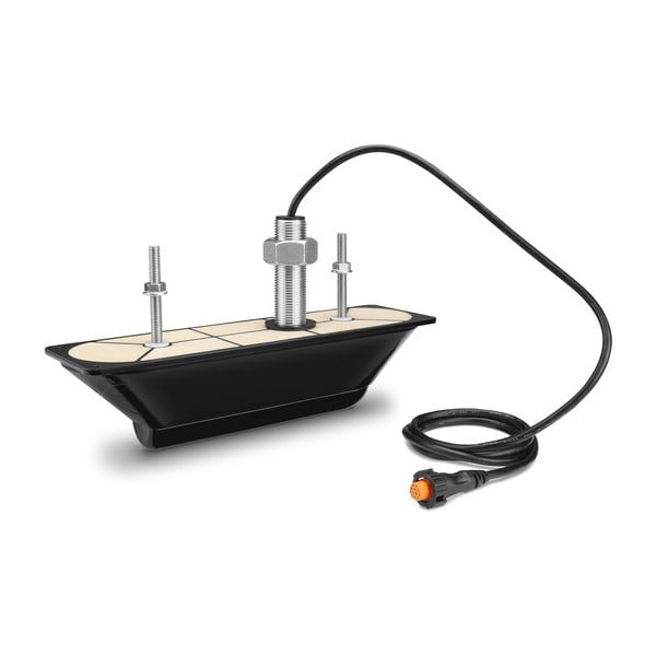 Garmin GT34UHD-TH transducer for marine fish finder with beige mounting pad and orange 12-pin connector.