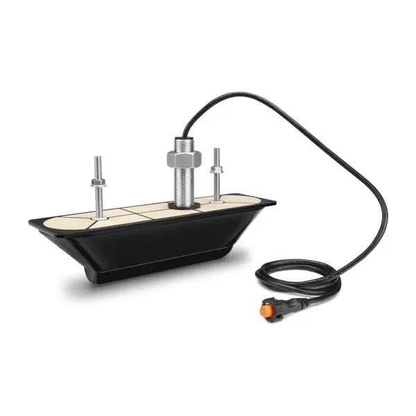 Garmin GT34UHD-TH transducer for marine fish finder with beige mounting pad and orange 12-pin connector.