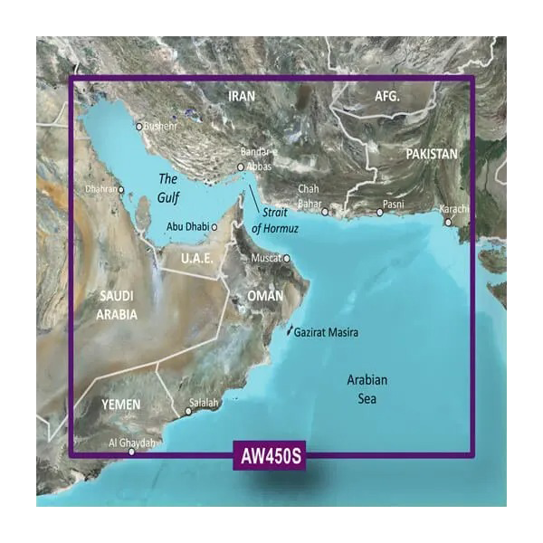 Garmin Gulf Coastal BlueChart g3 Vision VAW450S map card (microSD/SD) showing Gulf region map