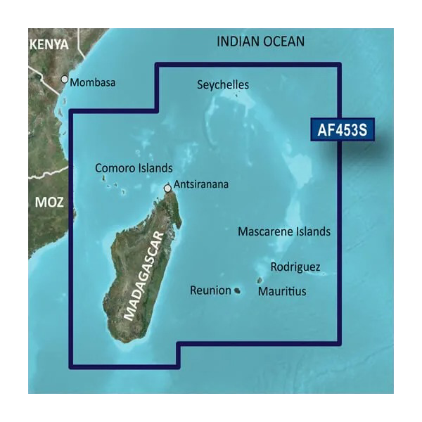 Garmin Indian Ocean Mascarene Plateau and Madagascar BlueChart g3 Vision map (AF453S) on microSD/SD.