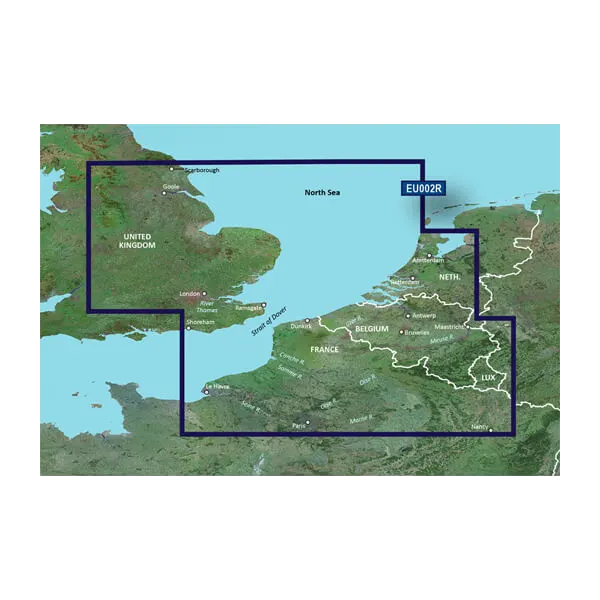 Garmin BlueChart g3 map card with blue outline showing Great Britain southeast to Belgium and Luxembourg on microSD/SD