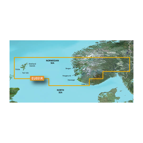 Garmin BlueChart g3 Vision microSD/SD map card for Norway, Lista to Sognefjorden, orange chart outline on map