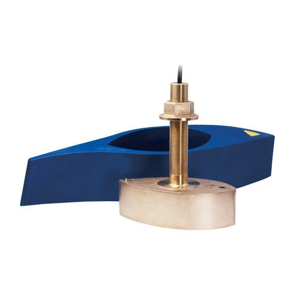Garmin AIRMAR B275LHW fish finder transducer with brass housing and blue mounting block.